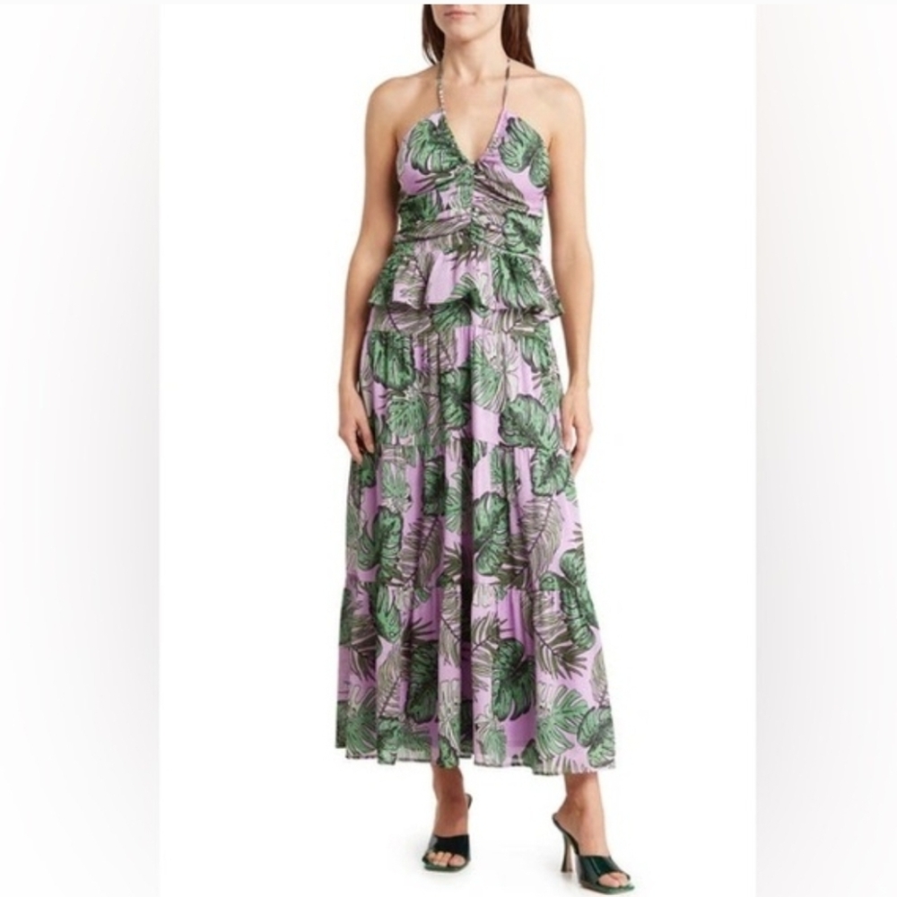 NSR Ruffle Tiered Tropical Leaf Print Maxi Dress Size S